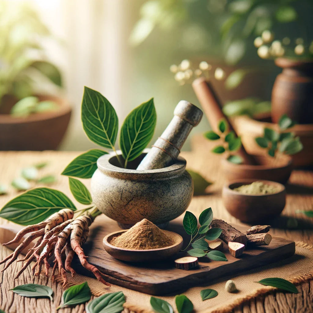 DALL·E 2024-03-12 18.26.19 - Create an image suitable for a blog post about ashwagandha. The scene should depict a tranquil setting, possibly a wooden table or a serene outdoor en