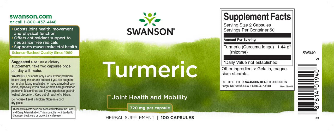 Swanson Full Spectrum Kurmeric 720mg 100 kapslit etikett