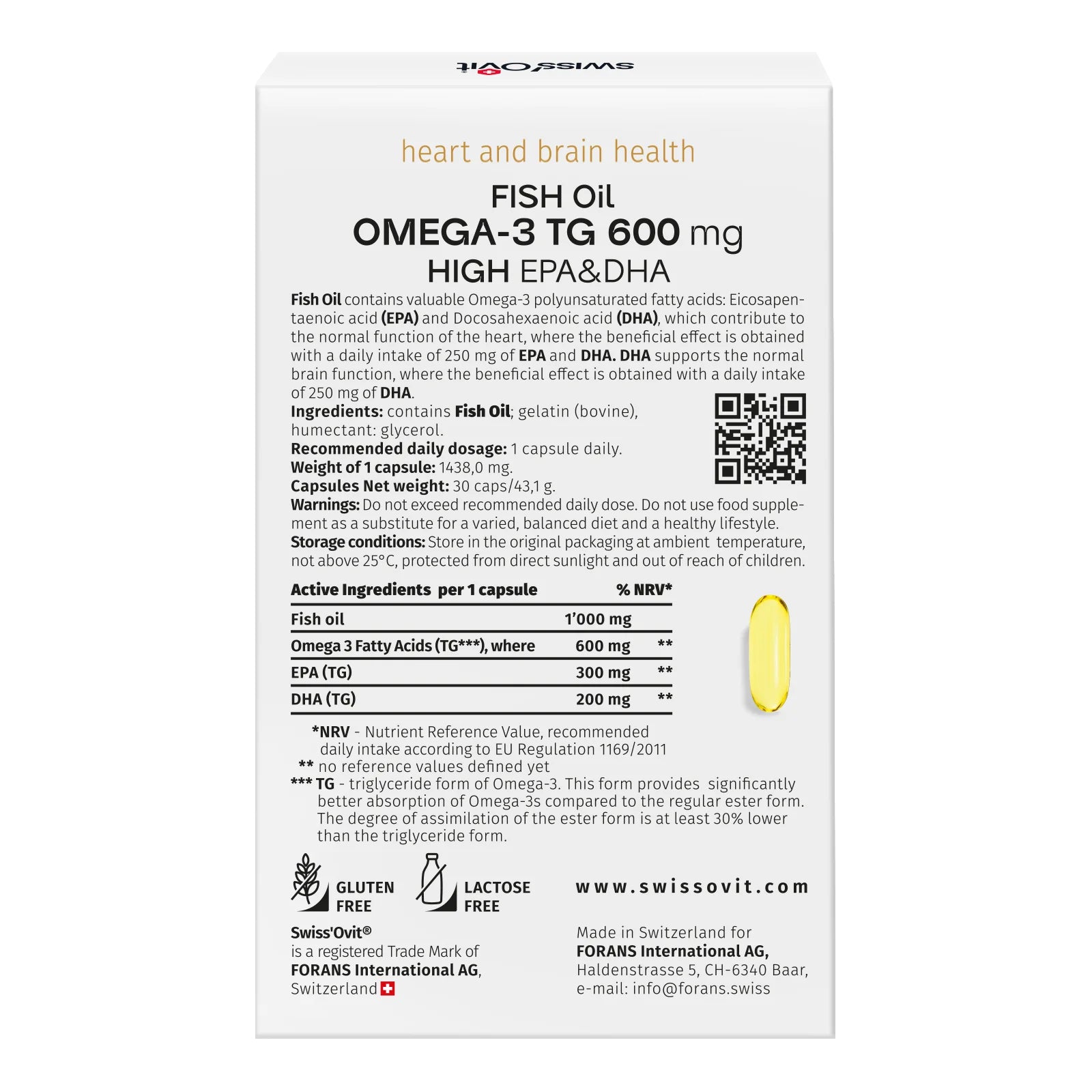 SWISSOVIT, OMEGA-3 TG, 600 mg, fish oil, consumption of 30 capsules