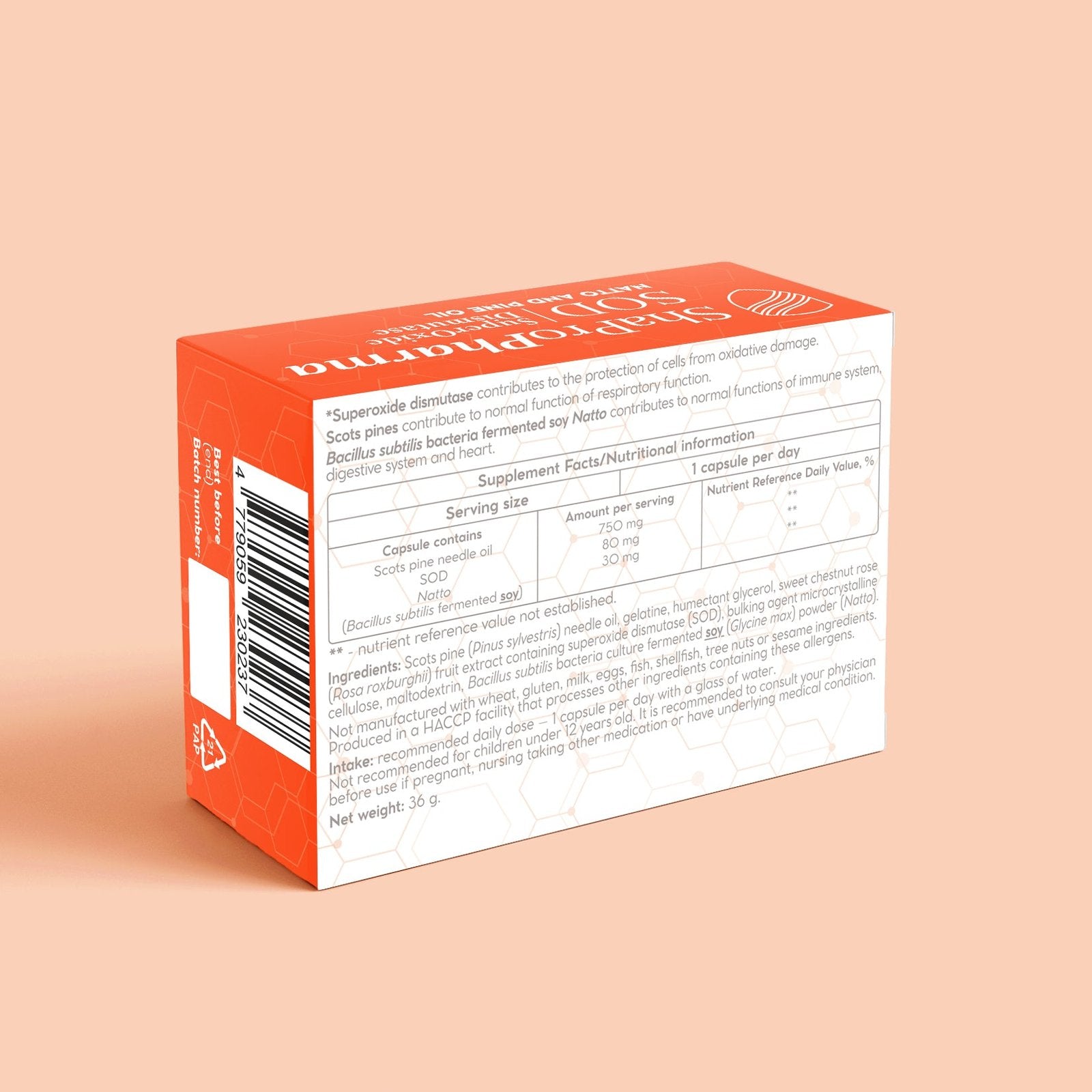 Shapropharma SOD (Superoksiiddismutaas + Natto + Harilik mänd) koostis 30 kapslist
