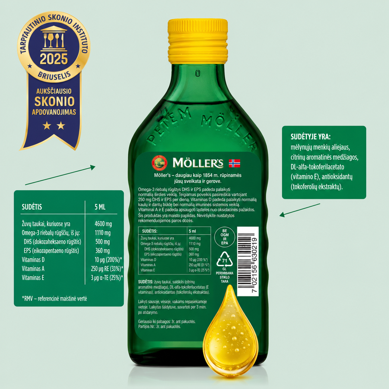 MÖLLER’S Omega-3 Fish Oil Lemon Flavor, 250 ml