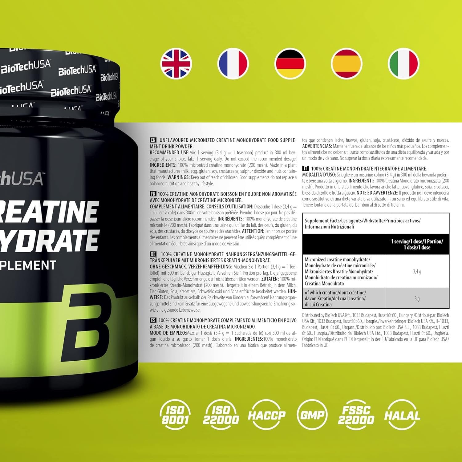 Biotech 100% kreatiinmonohüdraat 300 g. koostis