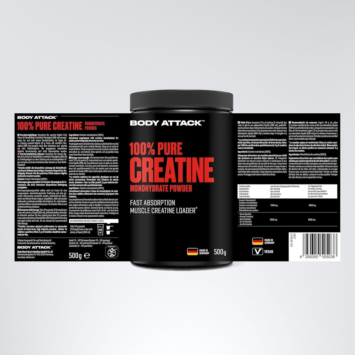 BODY ATTACK 100% Pure Creatine - 500g - Looduslik koostis