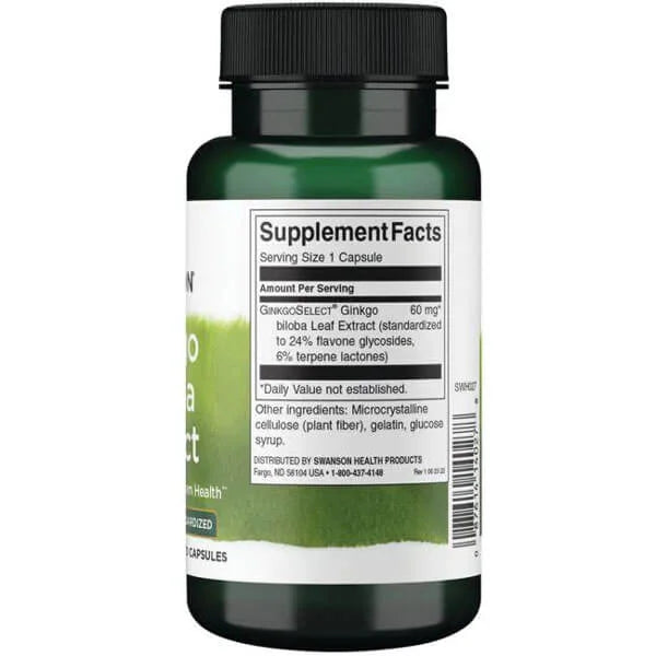 SWANSON Ginkgo Biloba Standardiseeritud ekstrakt 60mg - 120 kapslit hind koostis