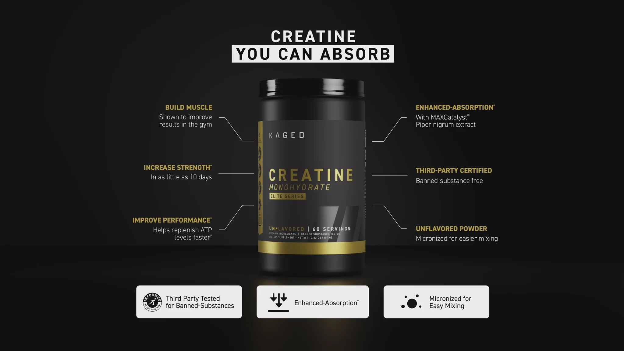 Kaged Muscle Kreatiinmonohüdraadi eelised – Elite Series, maitsestamata – 307g