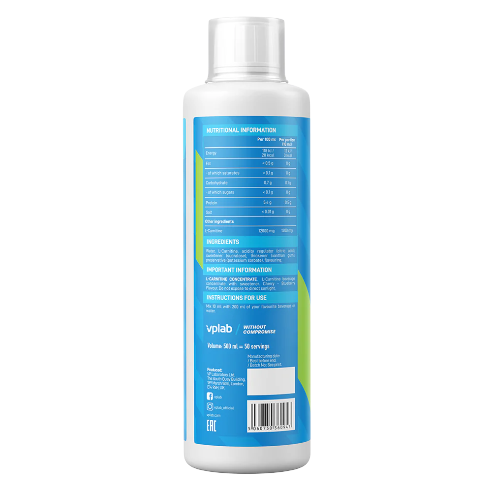 Composition of Vplab L-Carnitine Concentrate 500ml (50 servings).