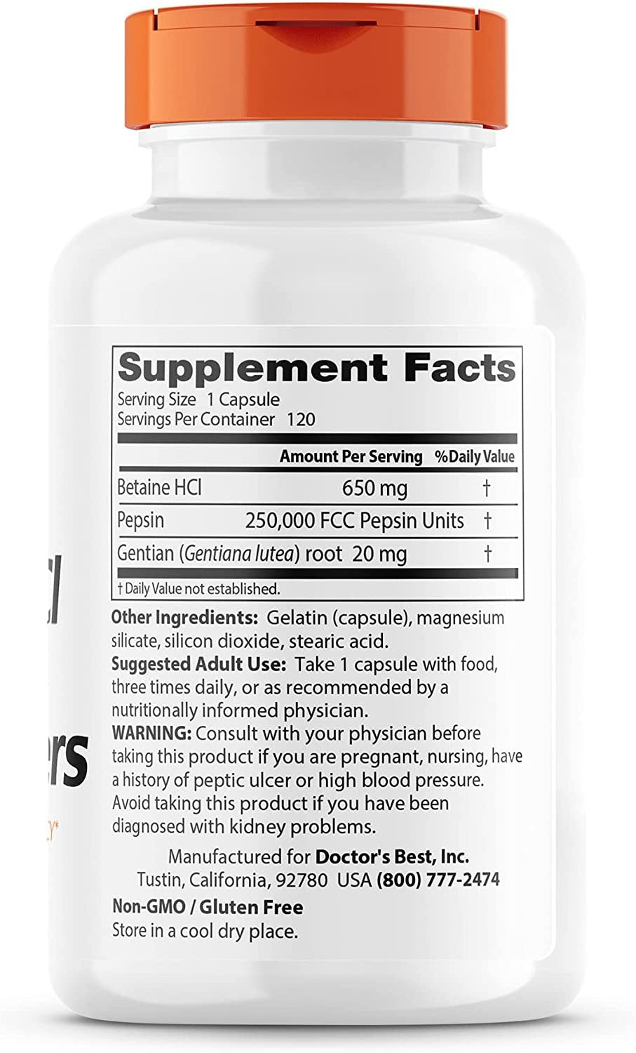 Doctor's Best Betaine HCl Pepsin & Gentian Bitters – 120 korgi koostis