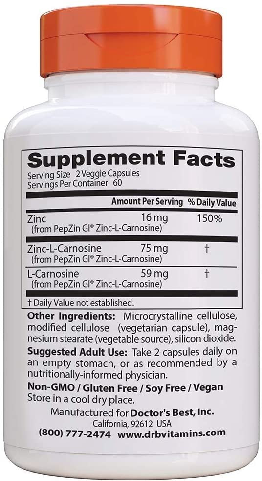 Doctor's Best PepZin GI – 120 vcaps tsingi-L-karnosiini kompleksi koostis