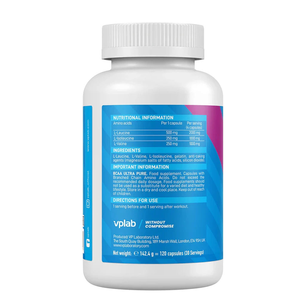 Vplab BCAA Ultra Pure 120 kapsli koostis