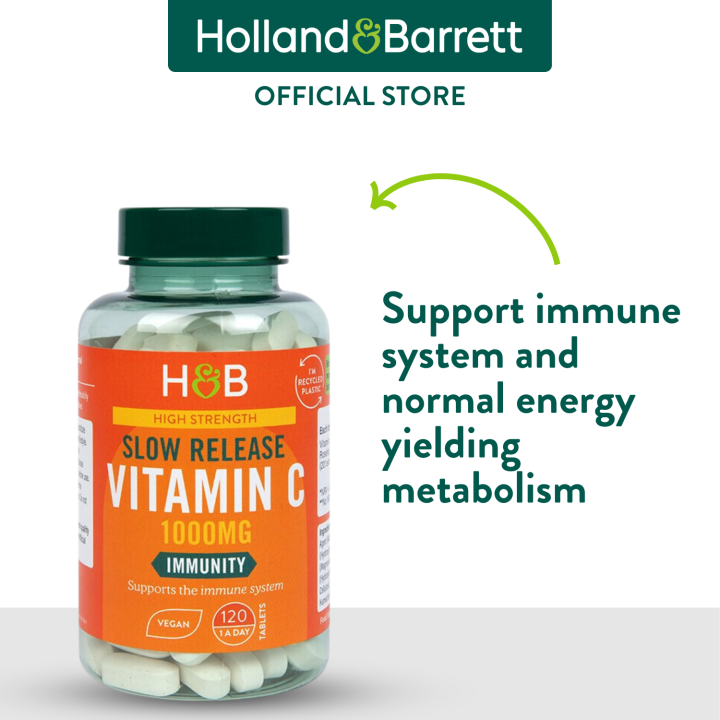 Holland & Barrett aeglaselt vabastav C-vitamiin, 1000 mg – 120 vegan tabs bänner