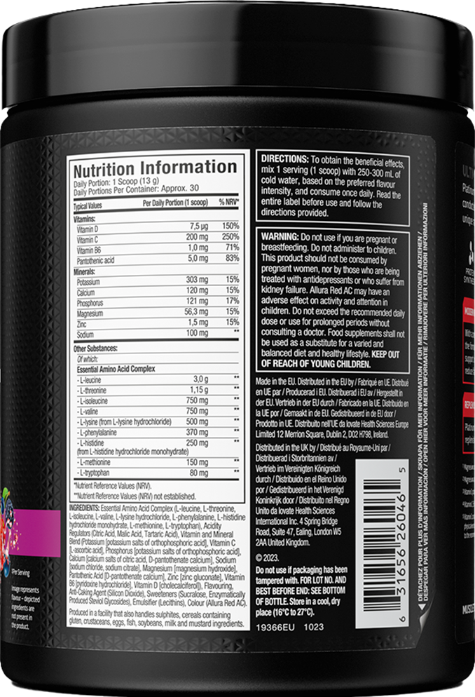 MuscleTech Platinum 100% EAA+ 399-401 grams fruit punch composition