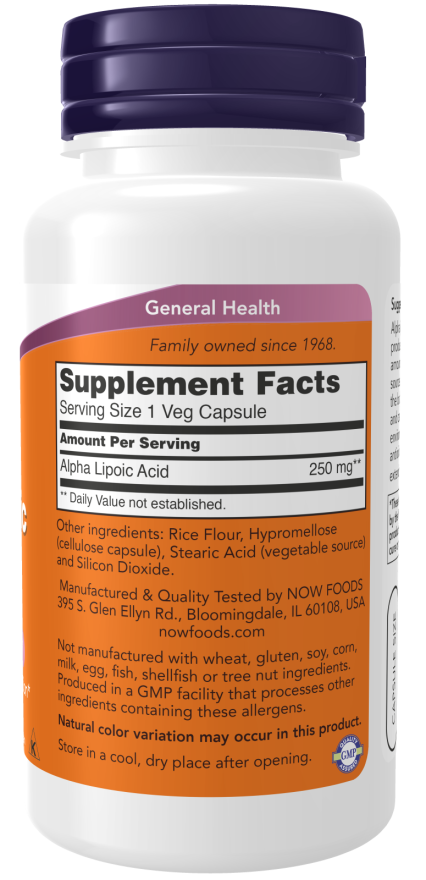 NOW Alpha Lipoic Acid 250mg 60 Veg. Composition of capsules