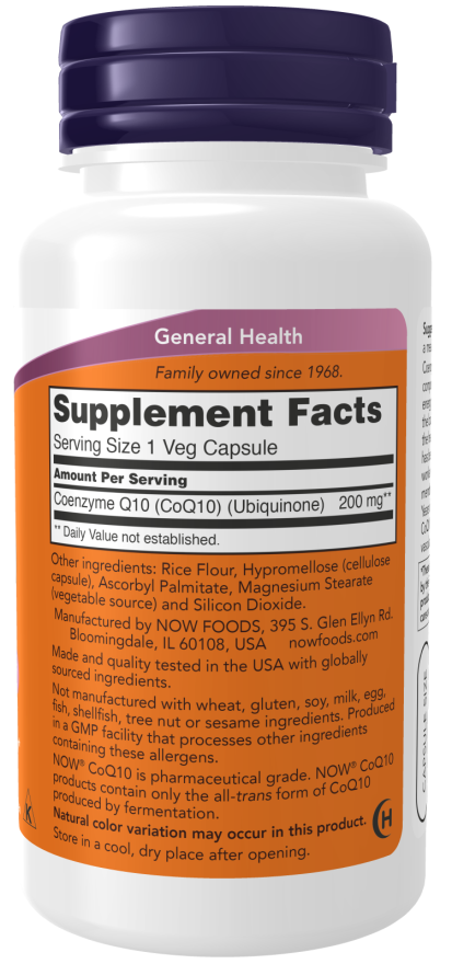 NOW CoQ10 200mg 60 Veg. Composition of capsules