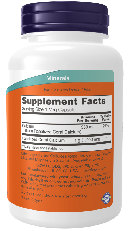 Composition of NOW Coral Calcium 1000mg 100 Veg Caps