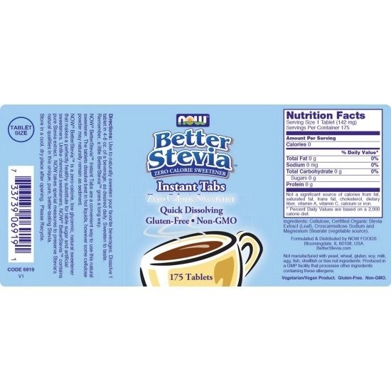 NOW FOODS BetterStevia Instant Tabs 175 Tablets label