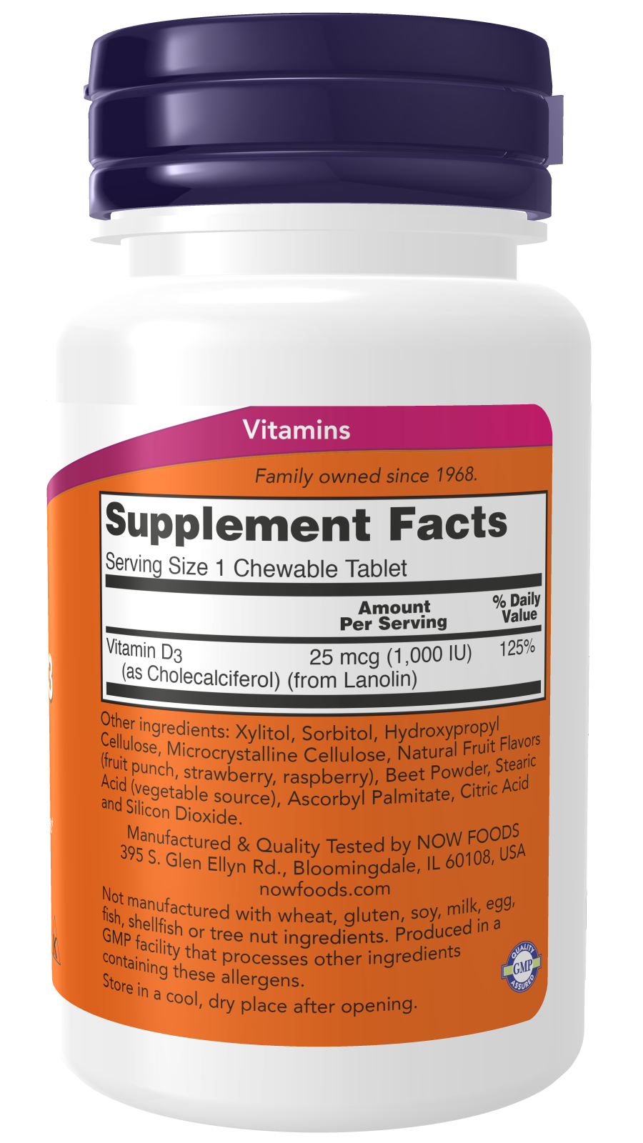 Composition of Now Foods Chewable Vitamin D-3 1000 IU 180 chewables