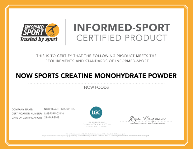 NOW Foods Creatine Monohydrate, Pure Powder - 227 grams certificate