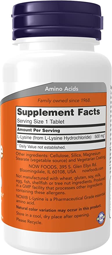 NOW Foods L-lüsiini koostis, 500 mg, 100 tabletti