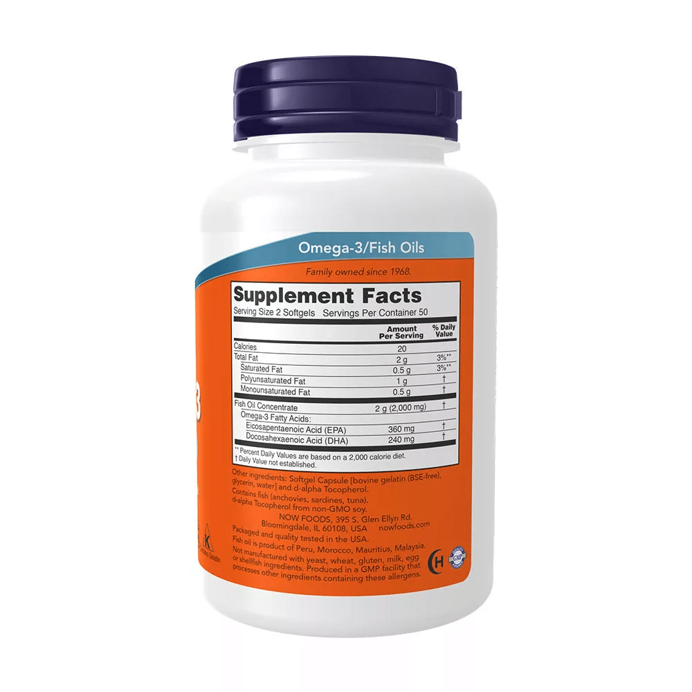 NOW toiduainete koostis Molekulaarselt destilleeritud Omega-3 100 pehmed geelid