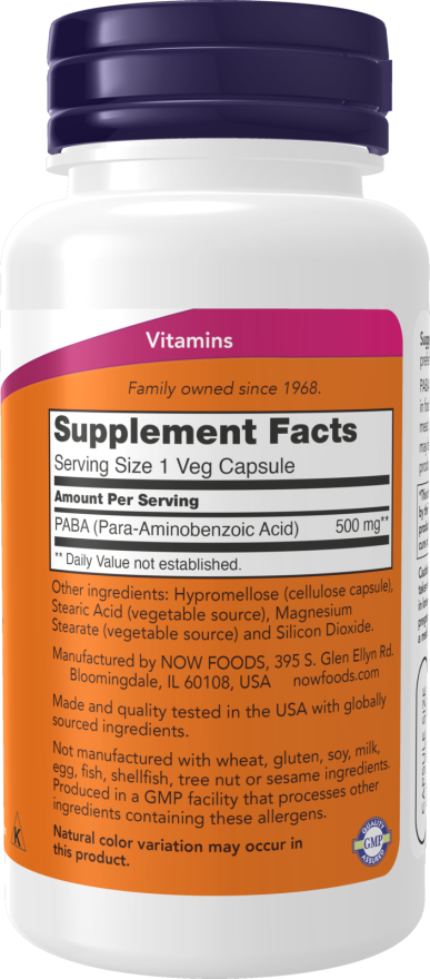 NOW Foods PABA 500mg 100kapsli koostis