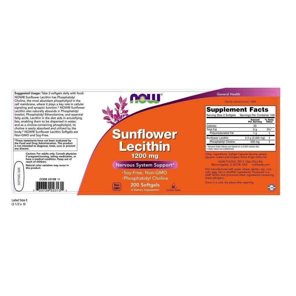 Now Foods Sunflower Letsithin 1200 mg 200 Softgels etikett