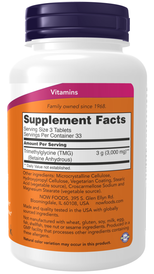 NOW Foods TMG (trimetüülglütsiin), 1000 mg - 100 tabletti koostis