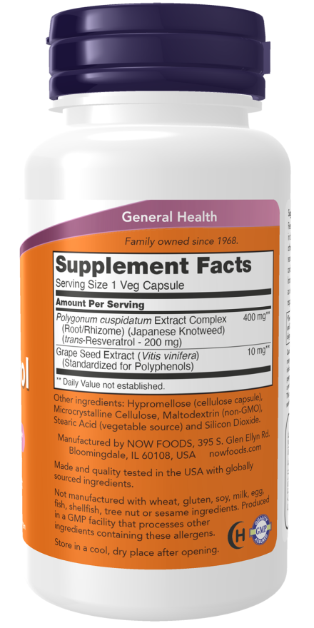 NOW Natural Resveratrol 200mg 60 Veg. Composition of capsules