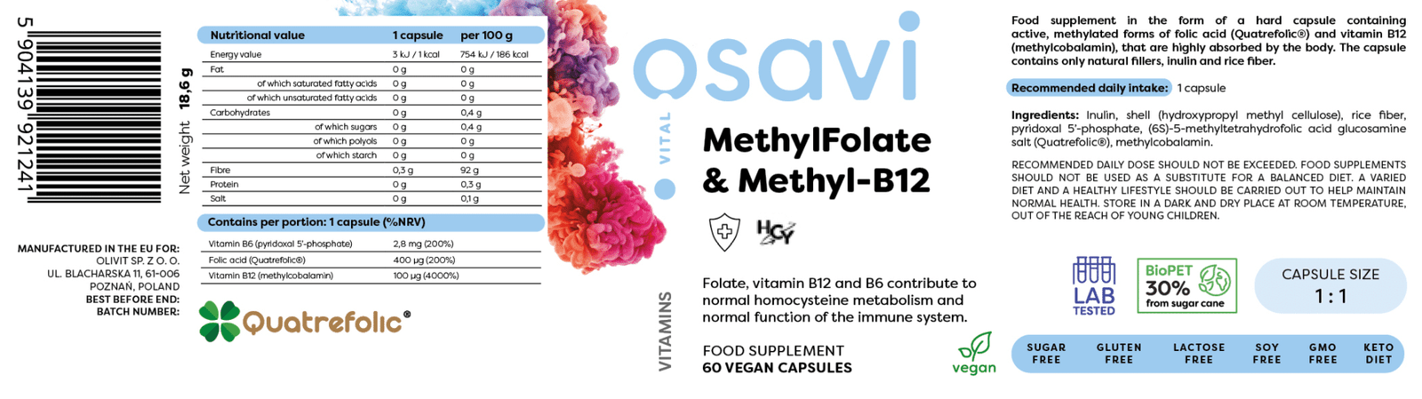 Osavi MetyloFolian Methyl-B12 60 vegankapsli etikett