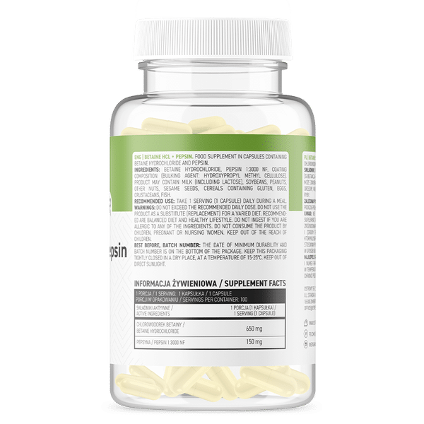 OstroVit Betaine HCl + Pepsiin 100 kapsli koostis