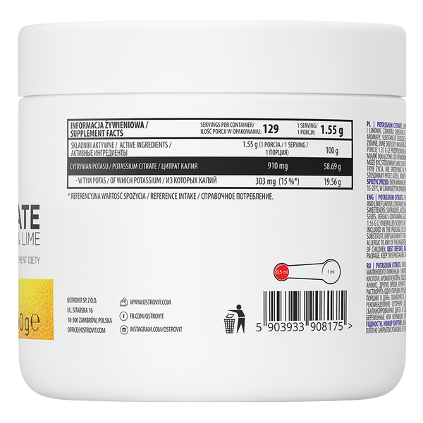 OstroVit Potassium Citrate 200 g sidruni-laimi koostis