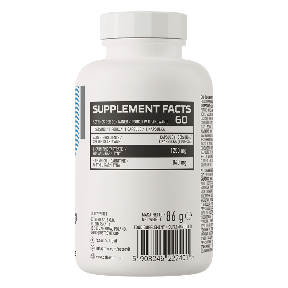 OstroVit Supreme L-Carnitine 1250 mg, composition of 60 capsules
