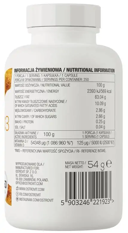 OstroVit VITAMIN D3 5000 pehmete geelide koostis 250 kapslit