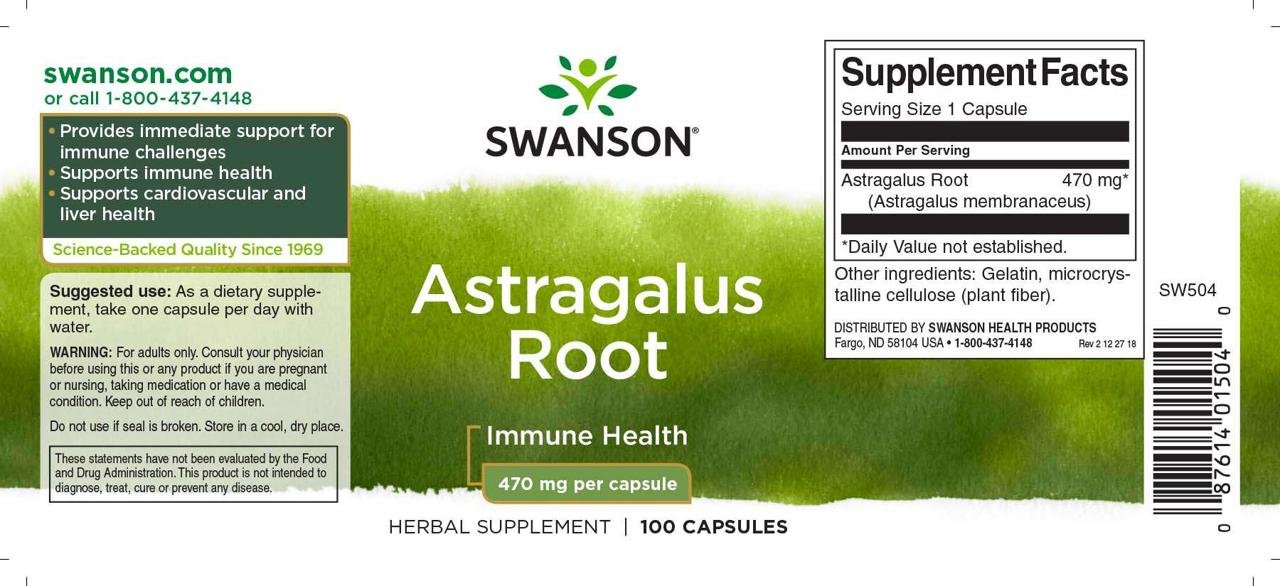 Swanson Astragalus Root 470mg 100kapsli etikett