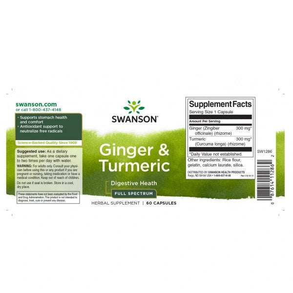 SWANSON Ginger & Turmeric (Ginger, Turmeric, Stomach Support) 60 Capsules label