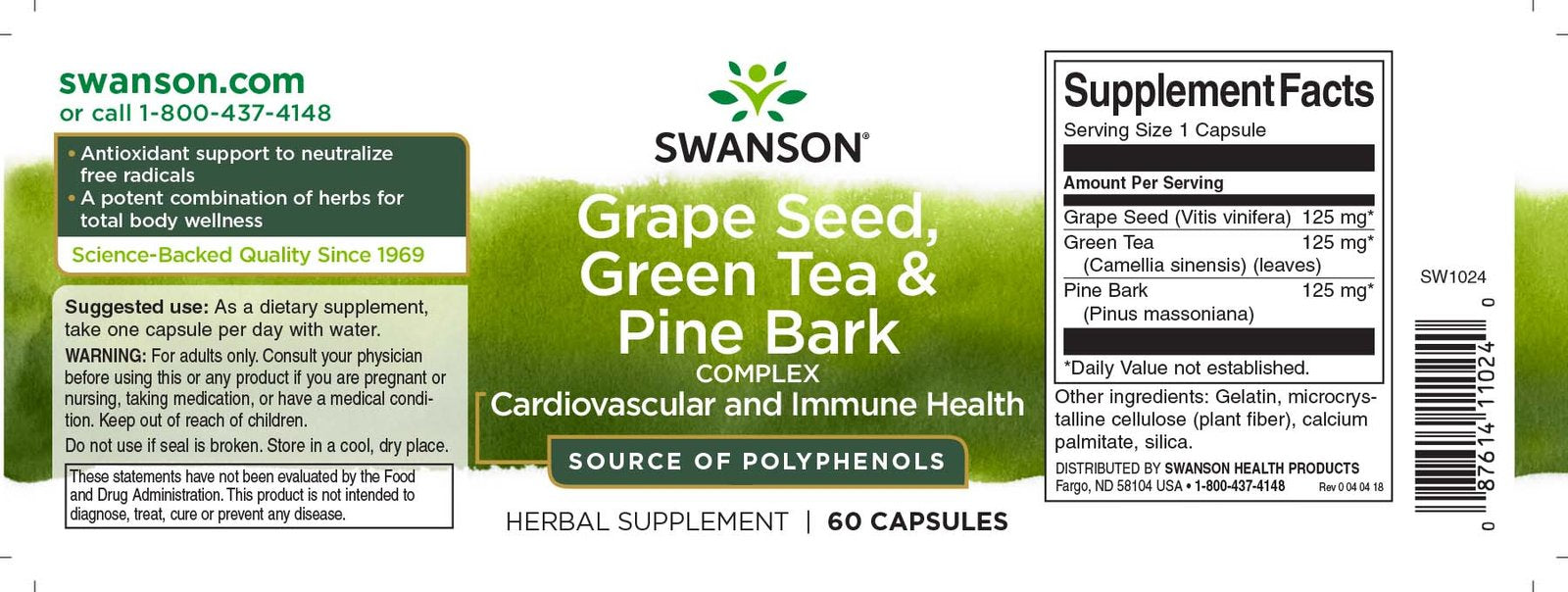 Swanson Grapeseed, Green Tea & Pine Bark 60caps label