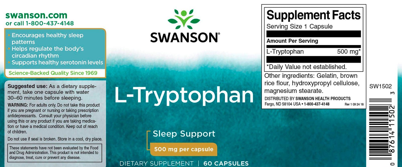 Swanson L-Tryptophan 500mg 60 capsules label