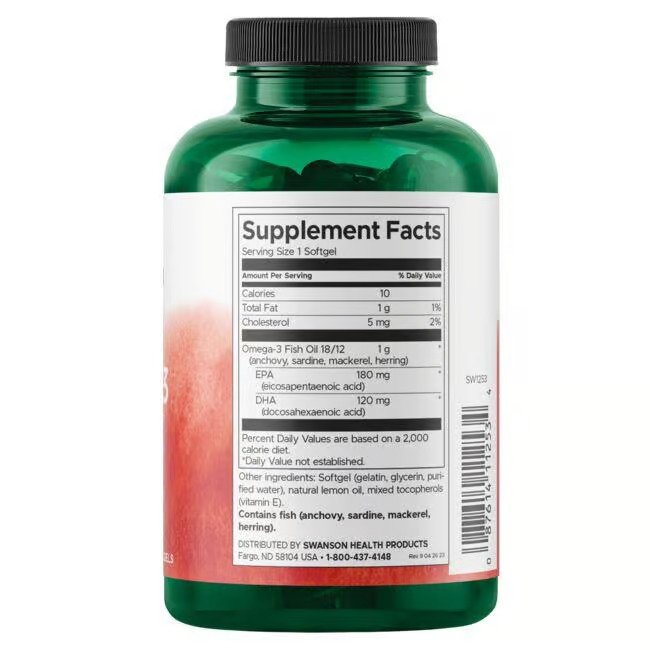Swanson Omega-3 kalaõli koostis – sidrunimaitseline 1 g, 150 pehmet geeli