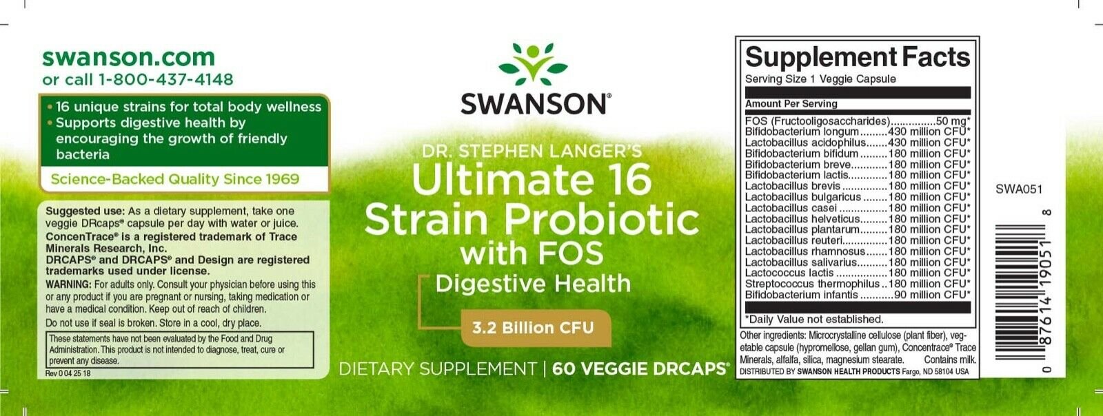 Swanson Ultimate 16 tüve probiootikum 60 kapslit. koostis