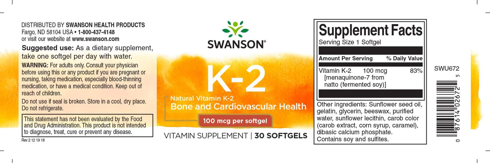 Swanson Vitamin K2 100mcg 30 softgels etikett