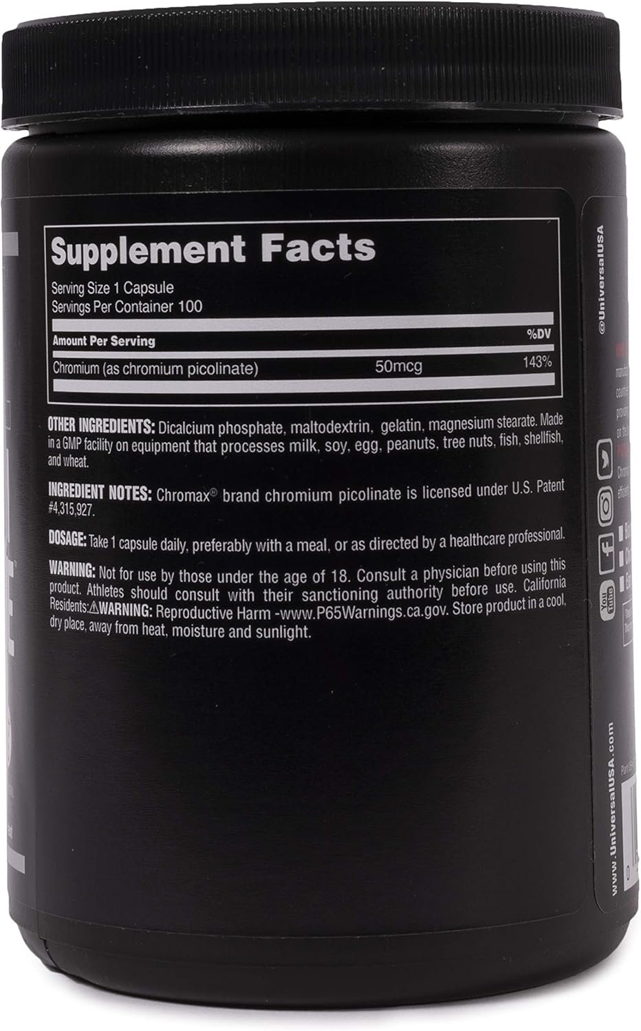 Universal Nutrition Chromium Picolinate, composition of 100 capsules