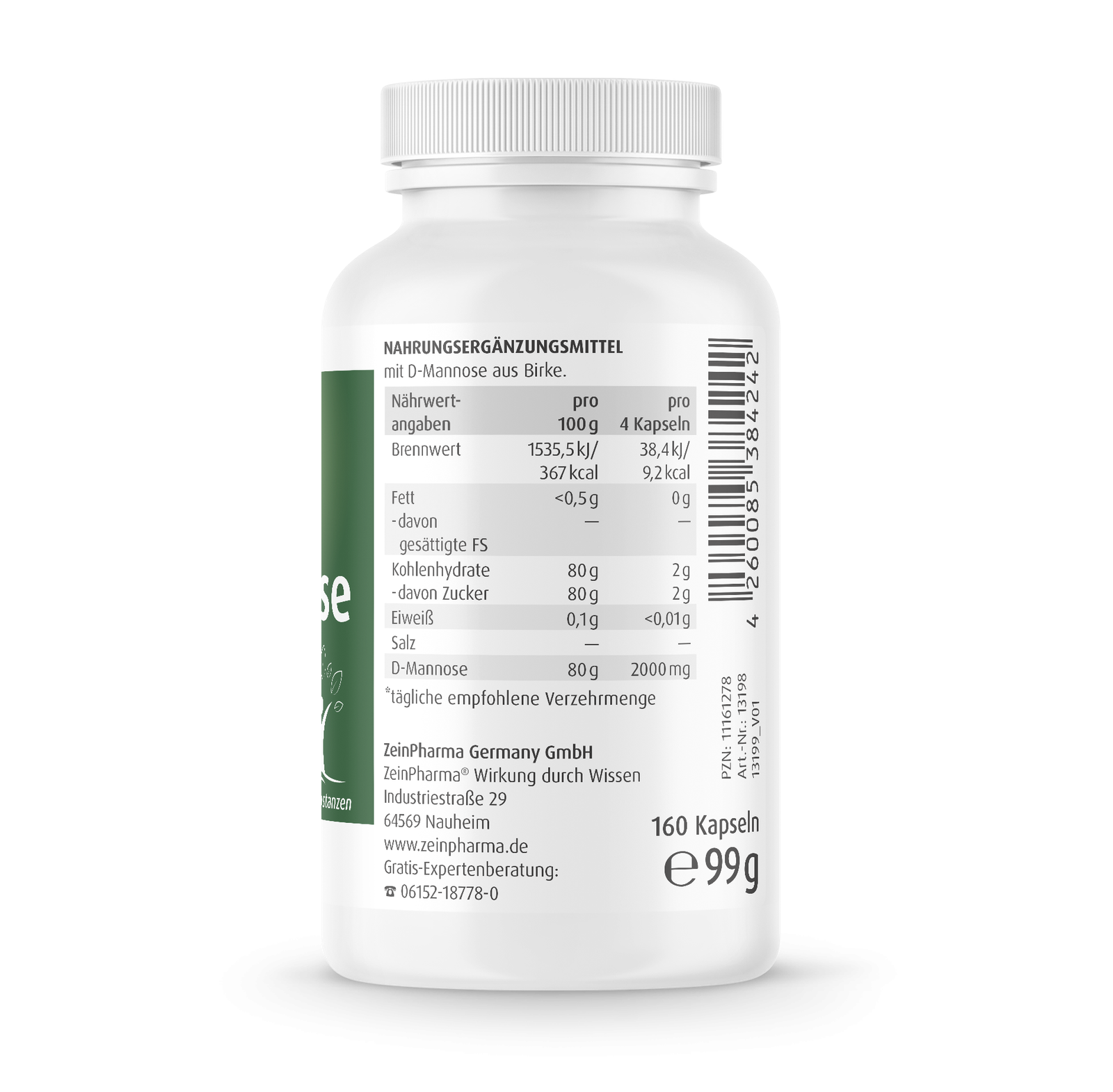 Zein Pharma Natural D-mannoosi koostis - 500mg, 160 kapslit